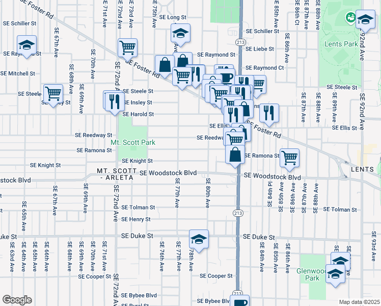 map of restaurants, bars, coffee shops, grocery stores, and more near 7812 Southeast Reedway Street in Portland