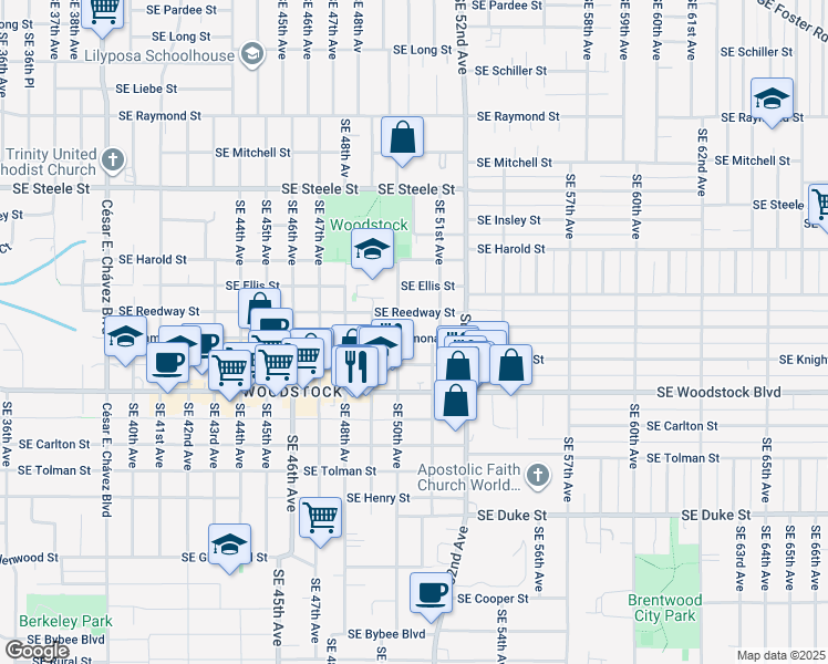 map of restaurants, bars, coffee shops, grocery stores, and more near 5701 Southeast 50th Avenue in Portland