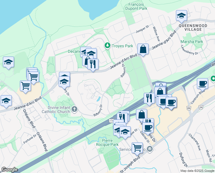 map of restaurants, bars, coffee shops, grocery stores, and more near 6823 Bilberry Drive in Ottawa