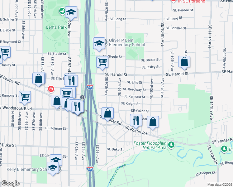 map of restaurants, bars, coffee shops, grocery stores, and more near 9819 Southeast Reedway Street in Portland