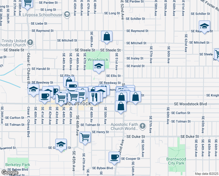 map of restaurants, bars, coffee shops, grocery stores, and more near 5701 Southeast 50th Avenue in Portland