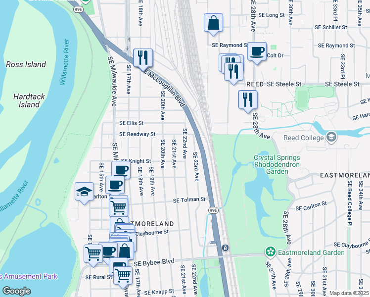 map of restaurants, bars, coffee shops, grocery stores, and more near in Portland