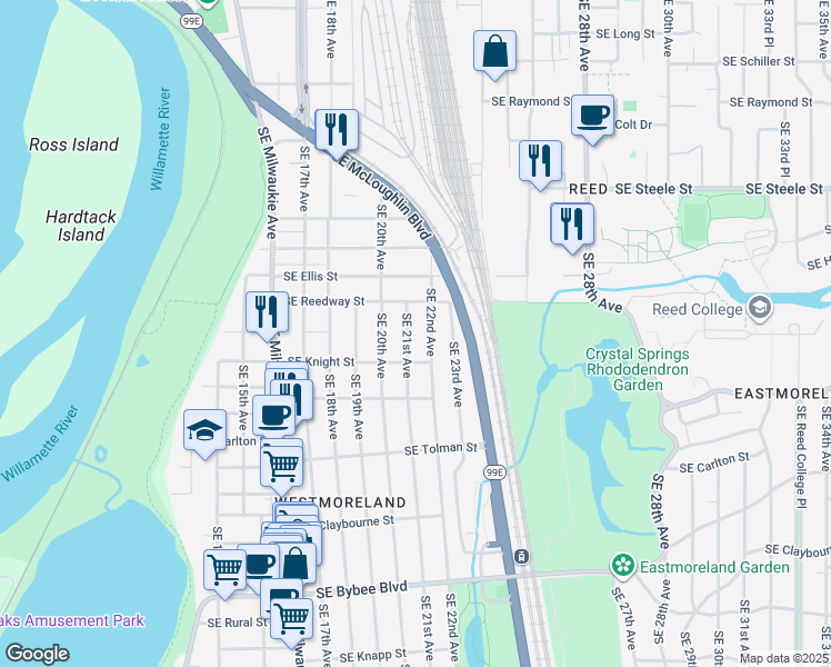 map of restaurants, bars, coffee shops, grocery stores, and more near 5715 Southeast 21st Avenue in Portland