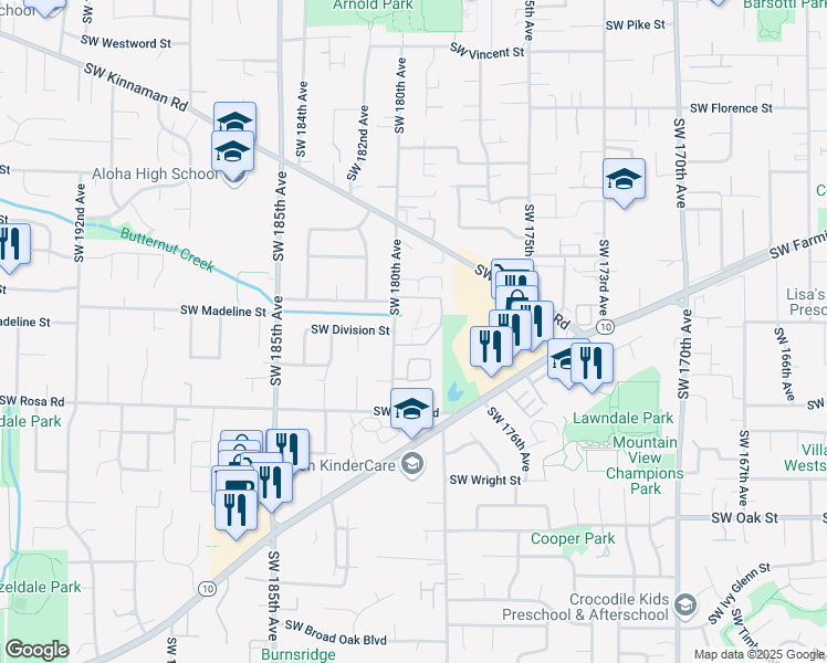 map of restaurants, bars, coffee shops, grocery stores, and more near 5410 Southwest 180th Avenue in Aloha