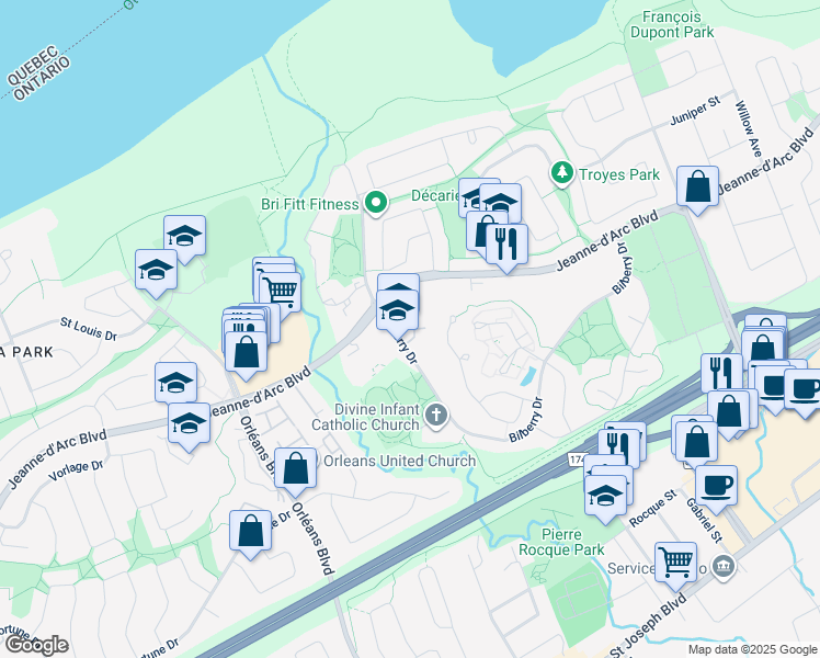 map of restaurants, bars, coffee shops, grocery stores, and more near 6730 Jeanne d'Arc Boulevard North in Ottawa