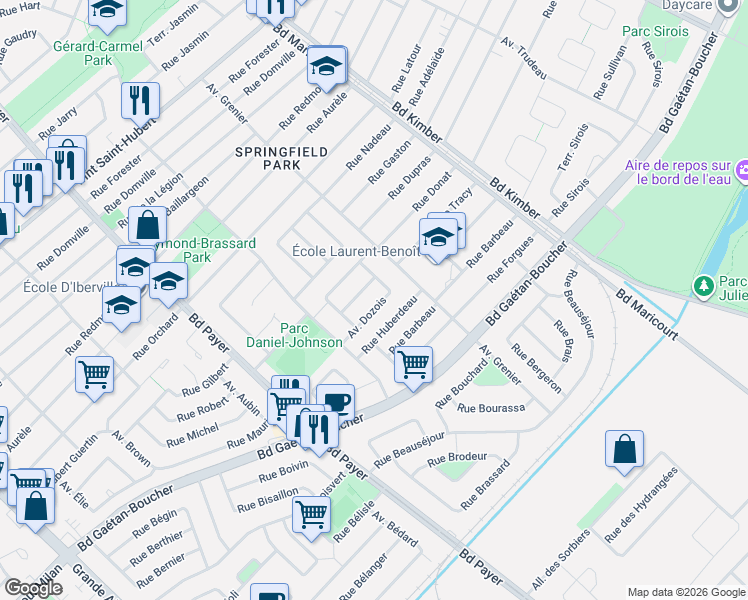 map of restaurants, bars, coffee shops, grocery stores, and more near 4532 Avenue Dozois in Longueuil