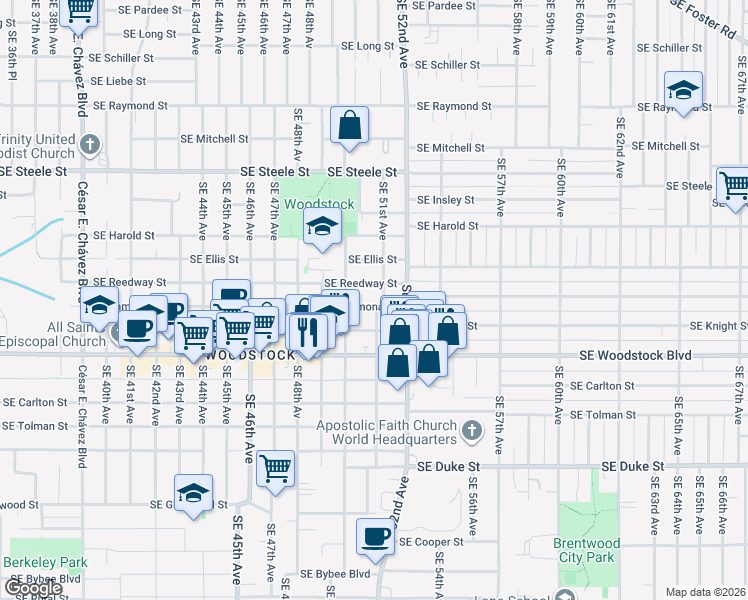 map of restaurants, bars, coffee shops, grocery stores, and more near 5075 Southeast Reedway Street in Portland