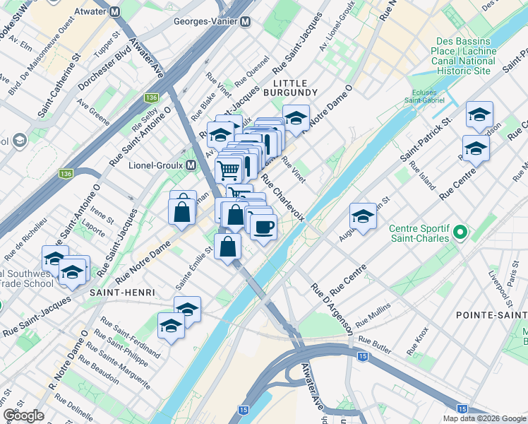 map of restaurants, bars, coffee shops, grocery stores, and more near 2688 Rue Sainte Cunégonde in Montreal