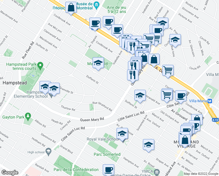 map of restaurants, bars, coffee shops, grocery stores, and more near Avenue Dufferin in Montréal