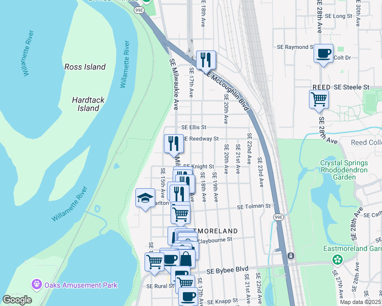 map of restaurants, bars, coffee shops, grocery stores, and more near 5840 Southeast 17th Avenue in Portland