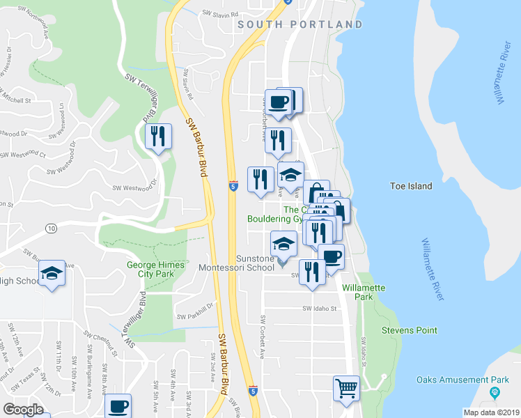 map of restaurants, bars, coffee shops, grocery stores, and more near 5919 Southwest Corbett Avenue in Portland