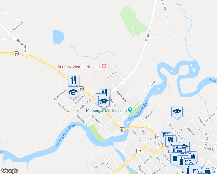 map of restaurants, bars, coffee shops, grocery stores, and more near 438 Raglan Street North in Renfrew