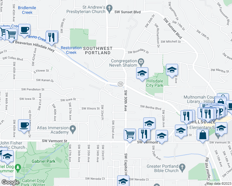 map of restaurants, bars, coffee shops, grocery stores, and more near 6007 Southwest Karla Court in Portland