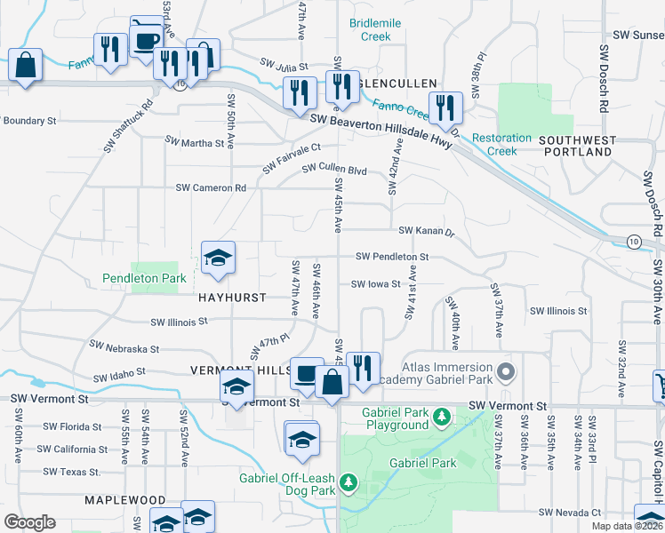 map of restaurants, bars, coffee shops, grocery stores, and more near 5921 Southwest 45th Avenue in Portland