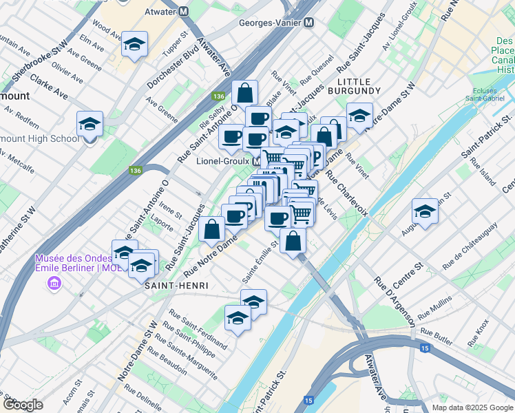 map of restaurants, bars, coffee shops, grocery stores, and more near in Montreal