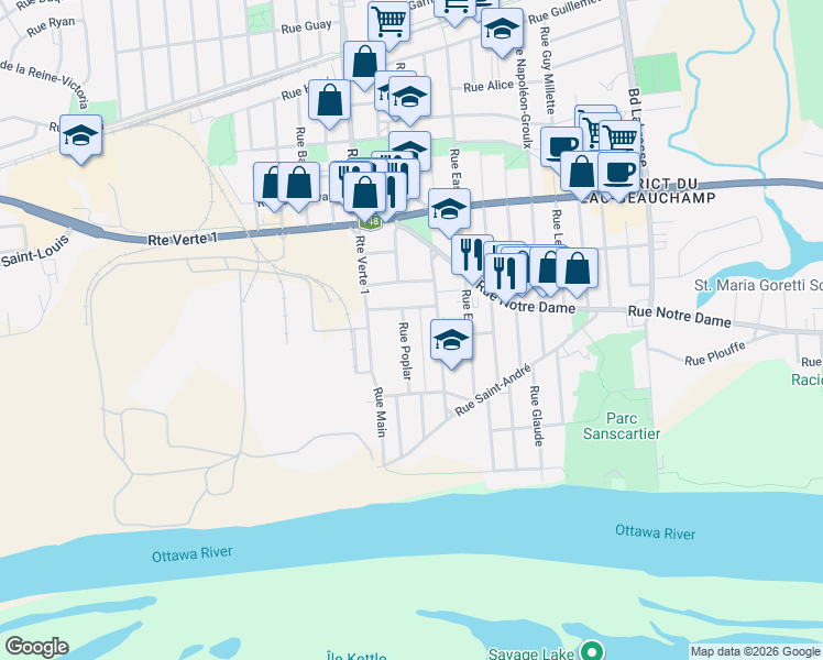 map of restaurants, bars, coffee shops, grocery stores, and more near 120 Rue Poplar in Gatineau