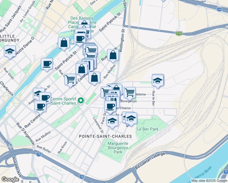 map of restaurants, bars, coffee shops, grocery stores, and more near 1877 Rue Wellington in Montréal