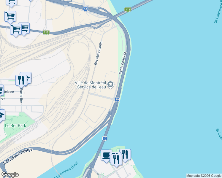 map of restaurants, bars, coffee shops, grocery stores, and more near 1555 Rue Carrie Derick in Montréal