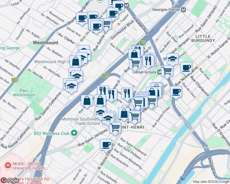 map of restaurants, bars, coffee shops, grocery stores, and more near 3810 Rue Saint-Antoine Ouest in Montréal