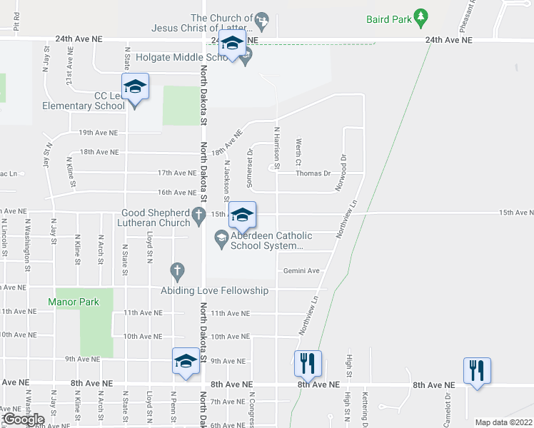 map of restaurants, bars, coffee shops, grocery stores, and more near 15th Avenue Northeast in Aberdeen