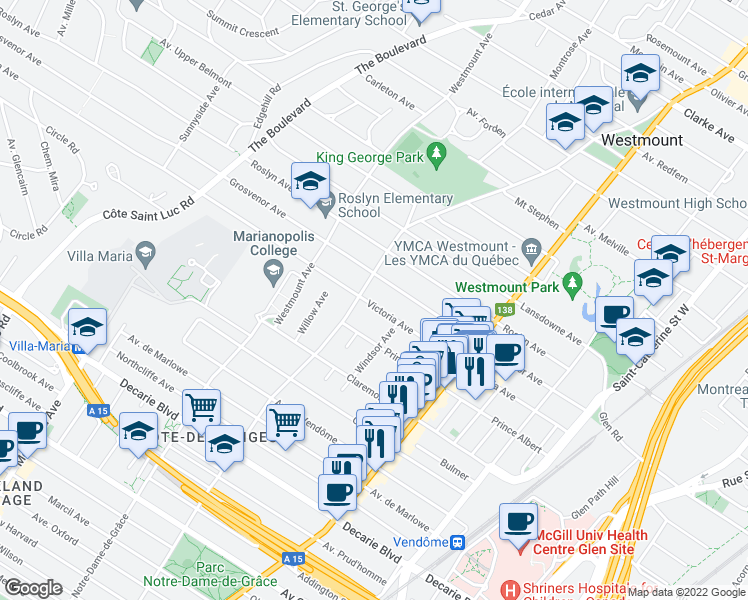 map of restaurants, bars, coffee shops, grocery stores, and more near 539 Avenue Victoria in Westmount