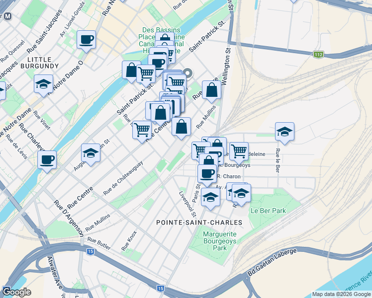 map of restaurants, bars, coffee shops, grocery stores, and more near 1860 Rue Mullins in Montréal