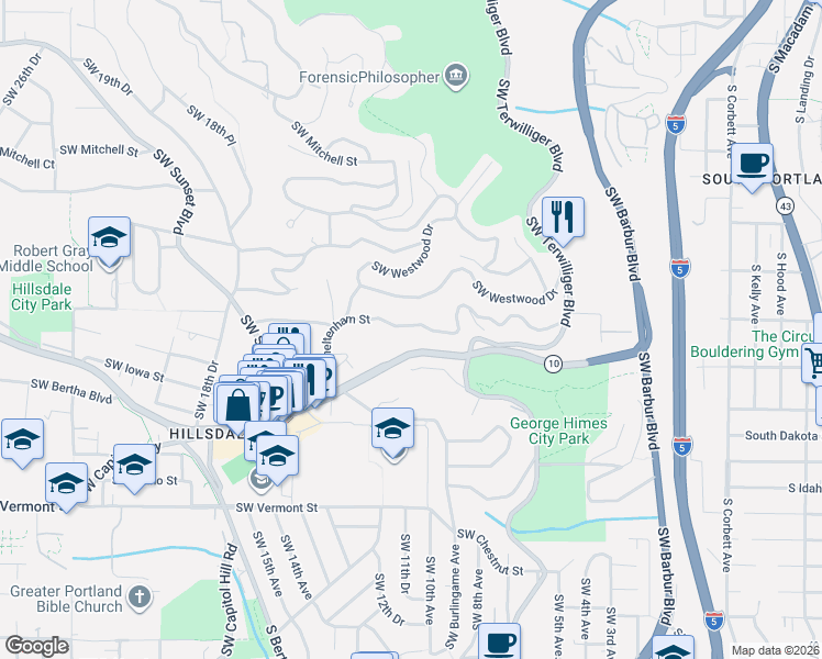 map of restaurants, bars, coffee shops, grocery stores, and more near 836 Southwest Westwood Drive in Portland