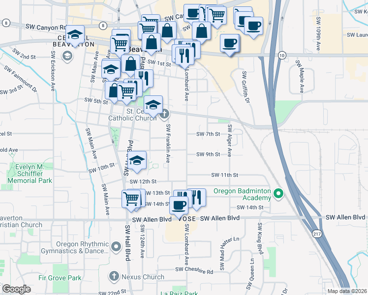 map of restaurants, bars, coffee shops, grocery stores, and more near 5225 Southwest Lombard Avenue in Beaverton