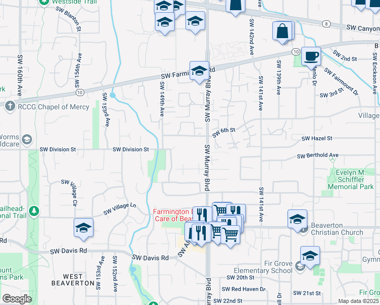 map of restaurants, bars, coffee shops, grocery stores, and more near 14610 Southwest 6th Street in Beaverton