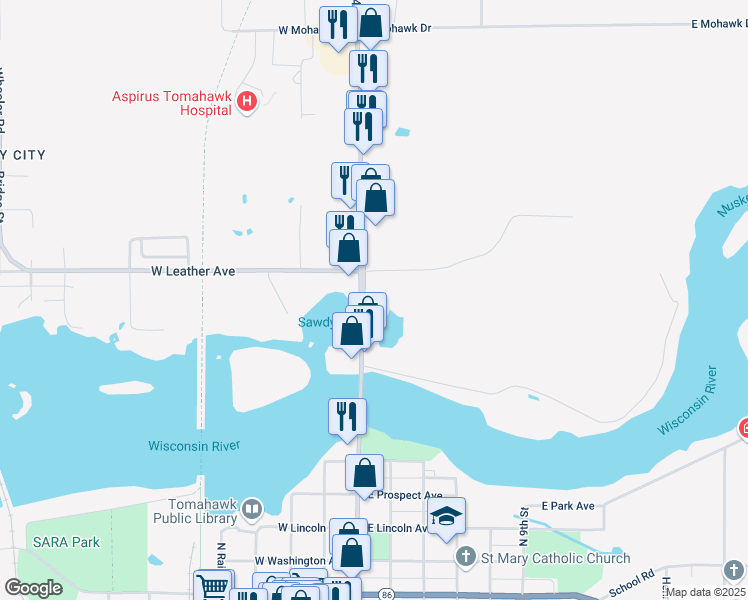 map of restaurants, bars, coffee shops, grocery stores, and more near 698 North 4th Street in Tomahawk
