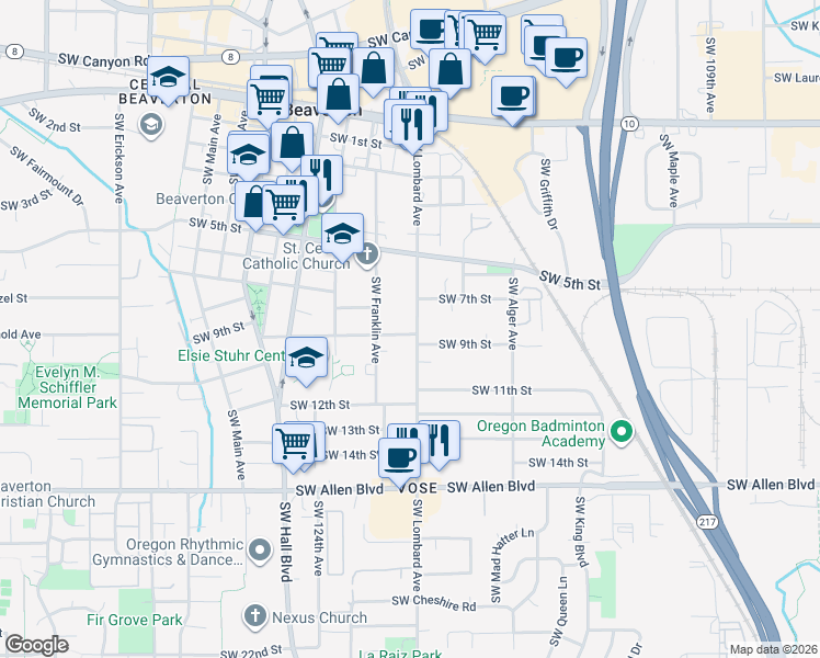 map of restaurants, bars, coffee shops, grocery stores, and more near 5225 Southwest Lombard Avenue in Beaverton