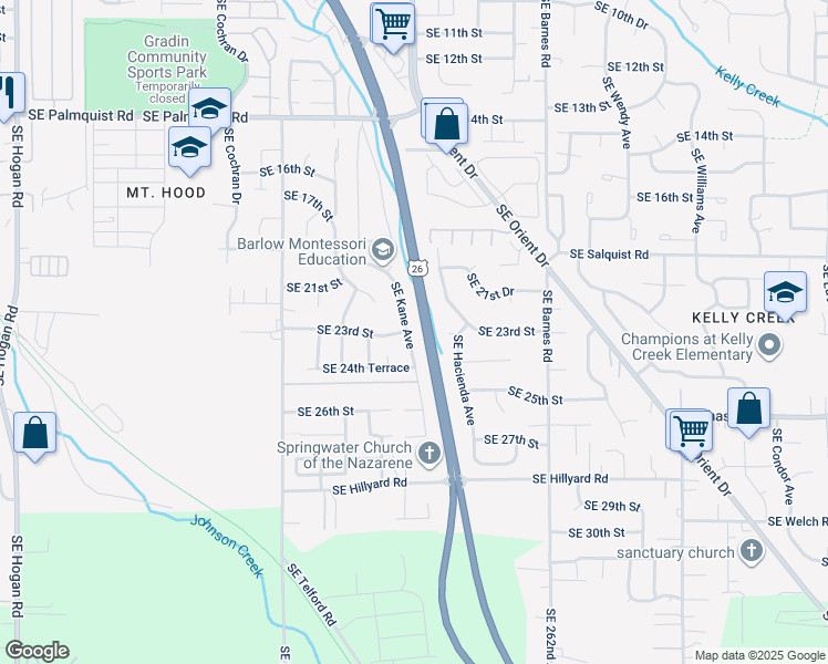 map of restaurants, bars, coffee shops, grocery stores, and more near 2218 Southeast Kane Avenue in Gresham