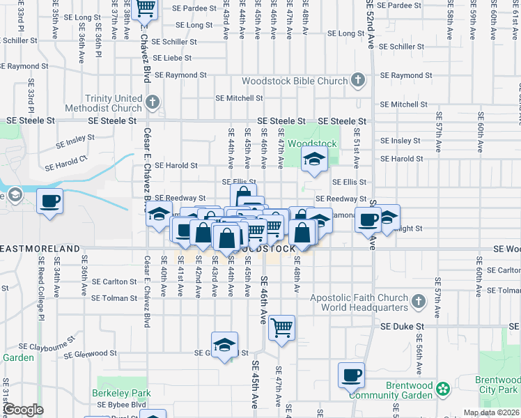 map of restaurants, bars, coffee shops, grocery stores, and more near 5636 Southeast 45th Avenue in Portland