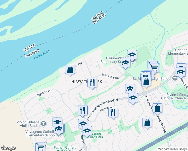 map of restaurants, bars, coffee shops, grocery stores, and more near 6351 Saint Louis Drive in Ottawa