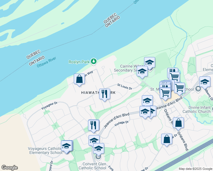 map of restaurants, bars, coffee shops, grocery stores, and more near 6351 Saint Louis Drive in Ottawa