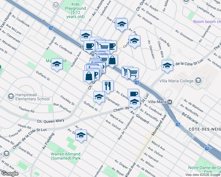 map of restaurants, bars, coffee shops, grocery stores, and more near 5487 Rue Snowdon in Montréal