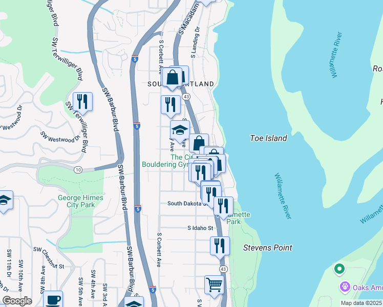 map of restaurants, bars, coffee shops, grocery stores, and more near 424 South Pendleton Street in Portland