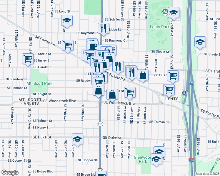 map of restaurants, bars, coffee shops, grocery stores, and more near 5724 Southeast 83rd Avenue in Portland