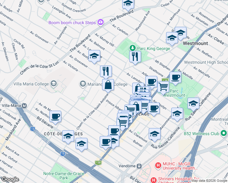 map of restaurants, bars, coffee shops, grocery stores, and more near 539 Avenue Victoria in Westmount
