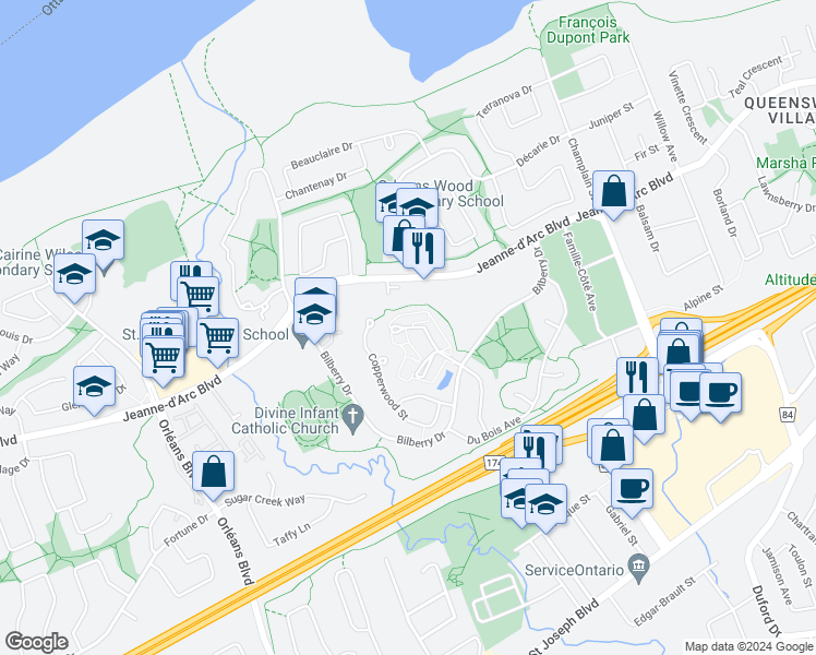 map of restaurants, bars, coffee shops, grocery stores, and more near 257 Titanium Private in Ottawa