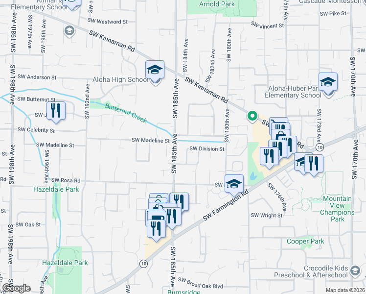 map of restaurants, bars, coffee shops, grocery stores, and more near 5395 Southwest 184th Avenue in Aloha