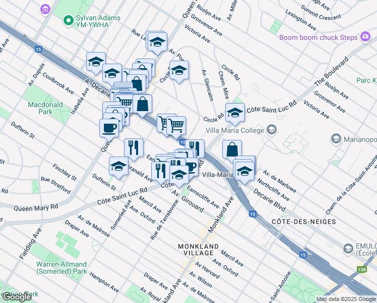 map of restaurants, bars, coffee shops, grocery stores, and more near 4560 Boulevard Décarie in Montréal