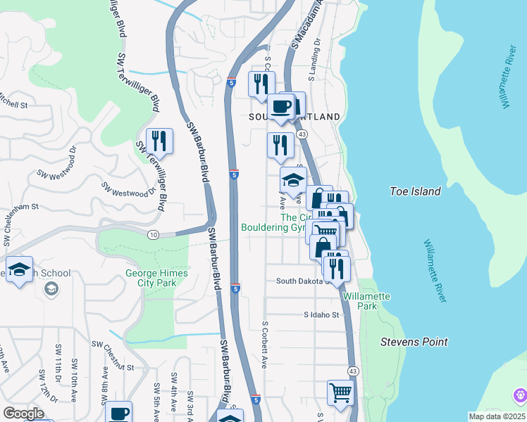 map of restaurants, bars, coffee shops, grocery stores, and more near 5915 Southwest Corbett Avenue in Portland