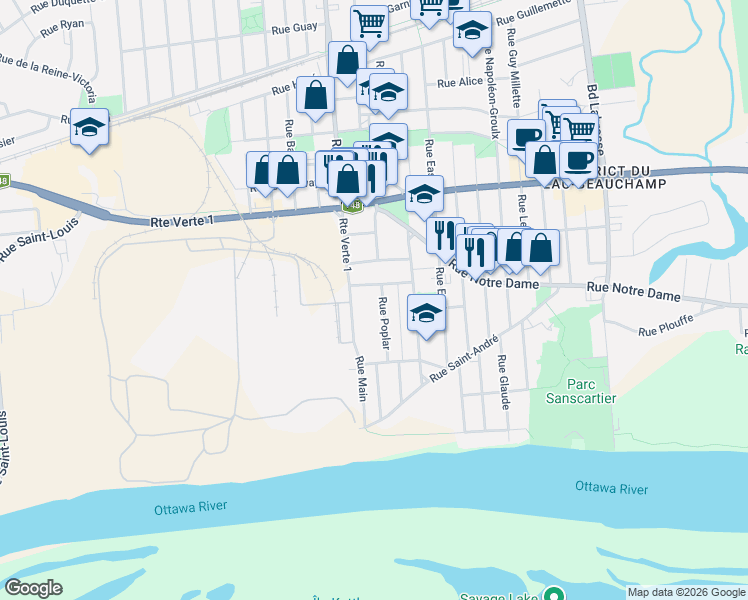 map of restaurants, bars, coffee shops, grocery stores, and more near 120 Rue Poplar in Gatineau