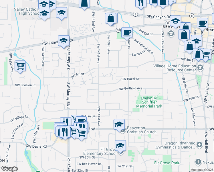 map of restaurants, bars, coffee shops, grocery stores, and more near 13875 Southwest Hazel Street in Beaverton