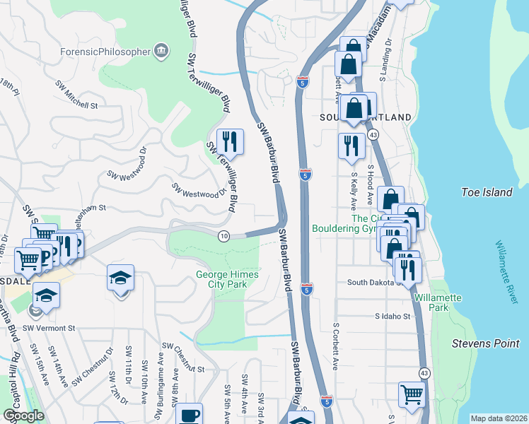 map of restaurants, bars, coffee shops, grocery stores, and more near 5862 Southwest Ralston Drive in Portland