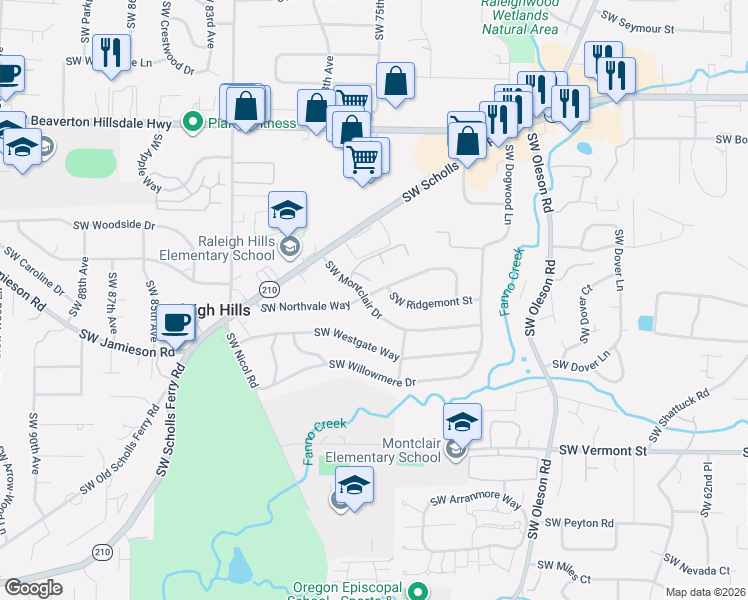 map of restaurants, bars, coffee shops, grocery stores, and more near 7600 Southwest Northvale Way in Portland