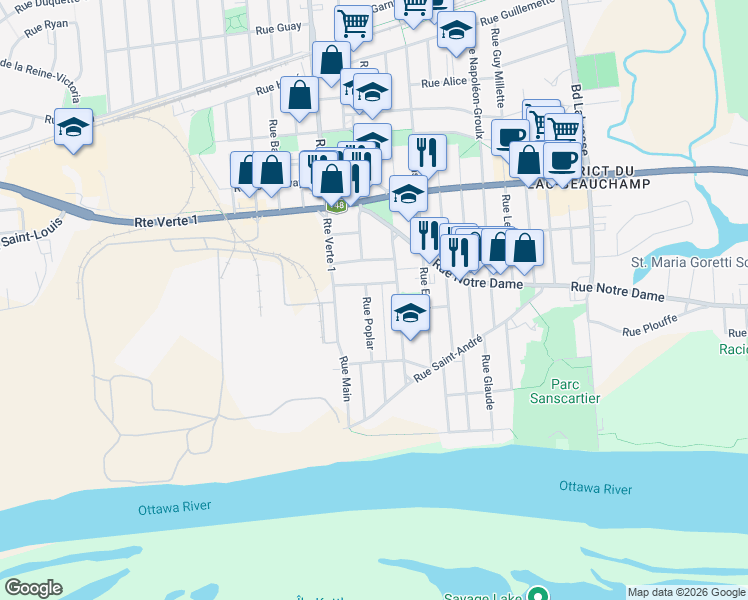 map of restaurants, bars, coffee shops, grocery stores, and more near 124 Rue Poplar in Gatineau