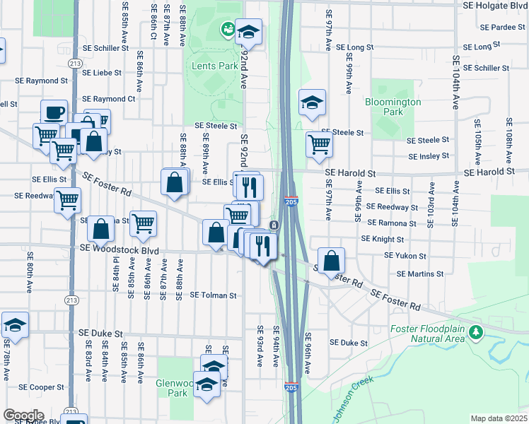 map of restaurants, bars, coffee shops, grocery stores, and more near 5716 Southeast 92nd Avenue in Portland