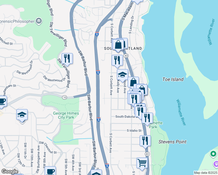 map of restaurants, bars, coffee shops, grocery stores, and more near 5825 South Corbett Avenue in Portland